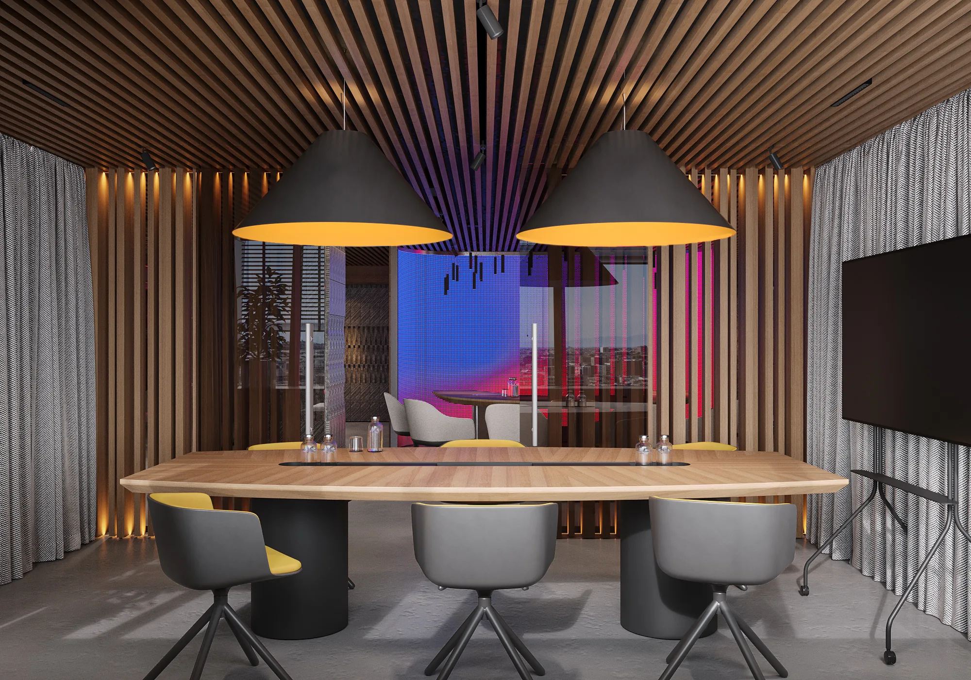 Futuristic brand office with warm timber, metal surfaces and blue-red lighting.