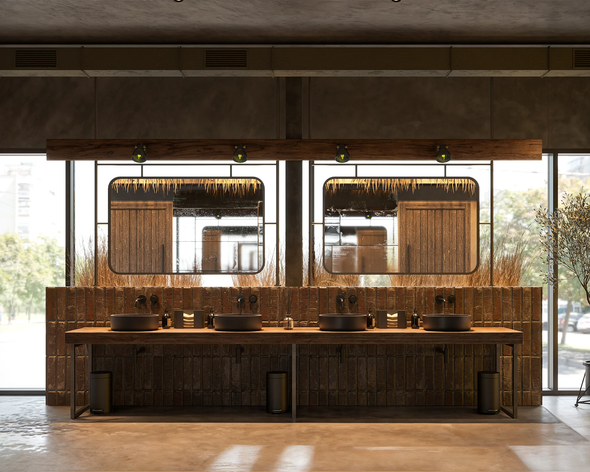 Rustic modern restaurant interior with charred wood, terracotta seating and sculptural lighting.