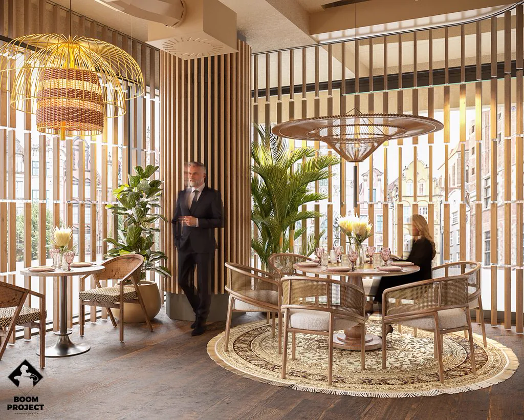 Restaurant interior with natural wood, rattan, coral seating and greenery.