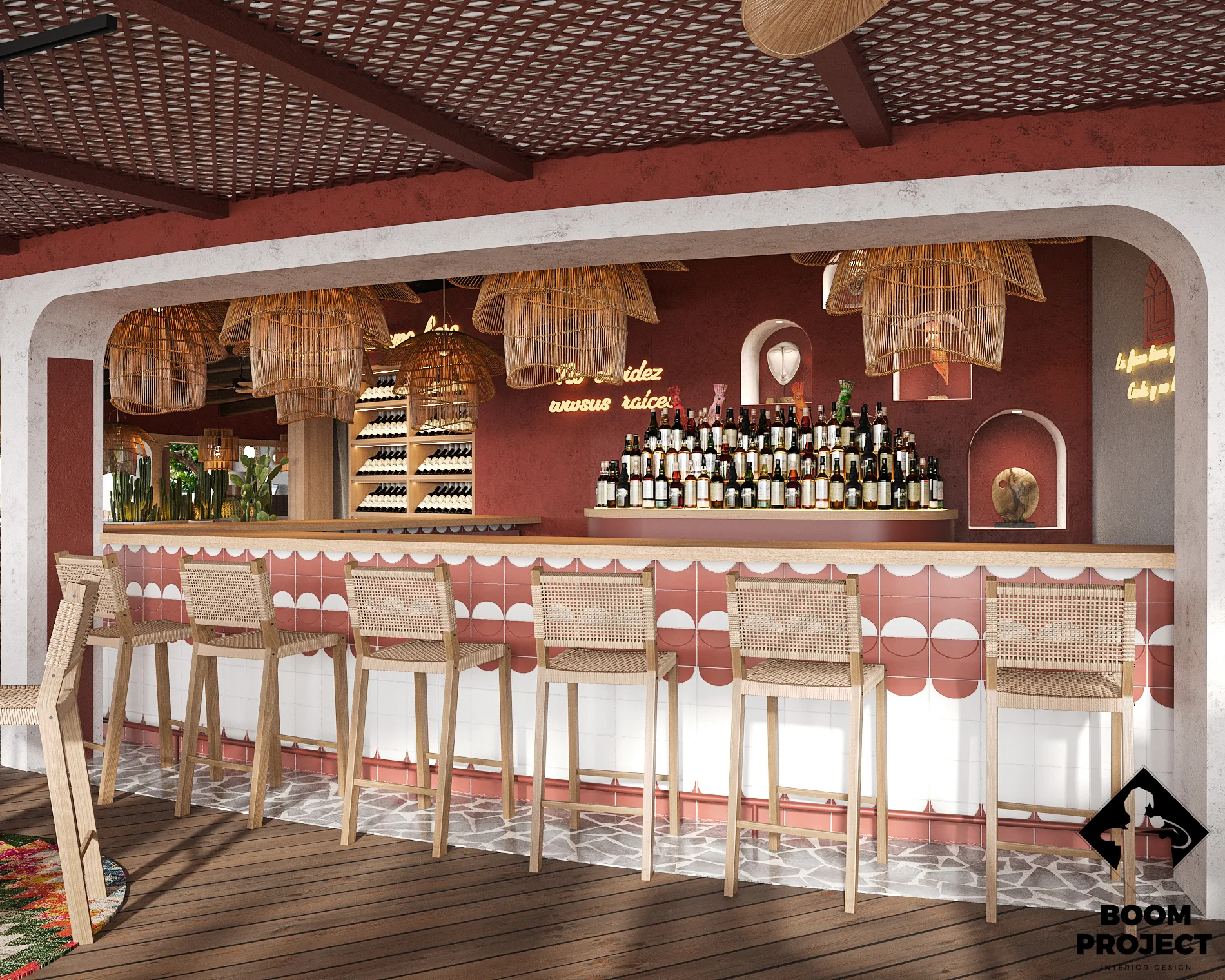 Beachside restaurant terrace with terracotta tones, woven textures and cacti.