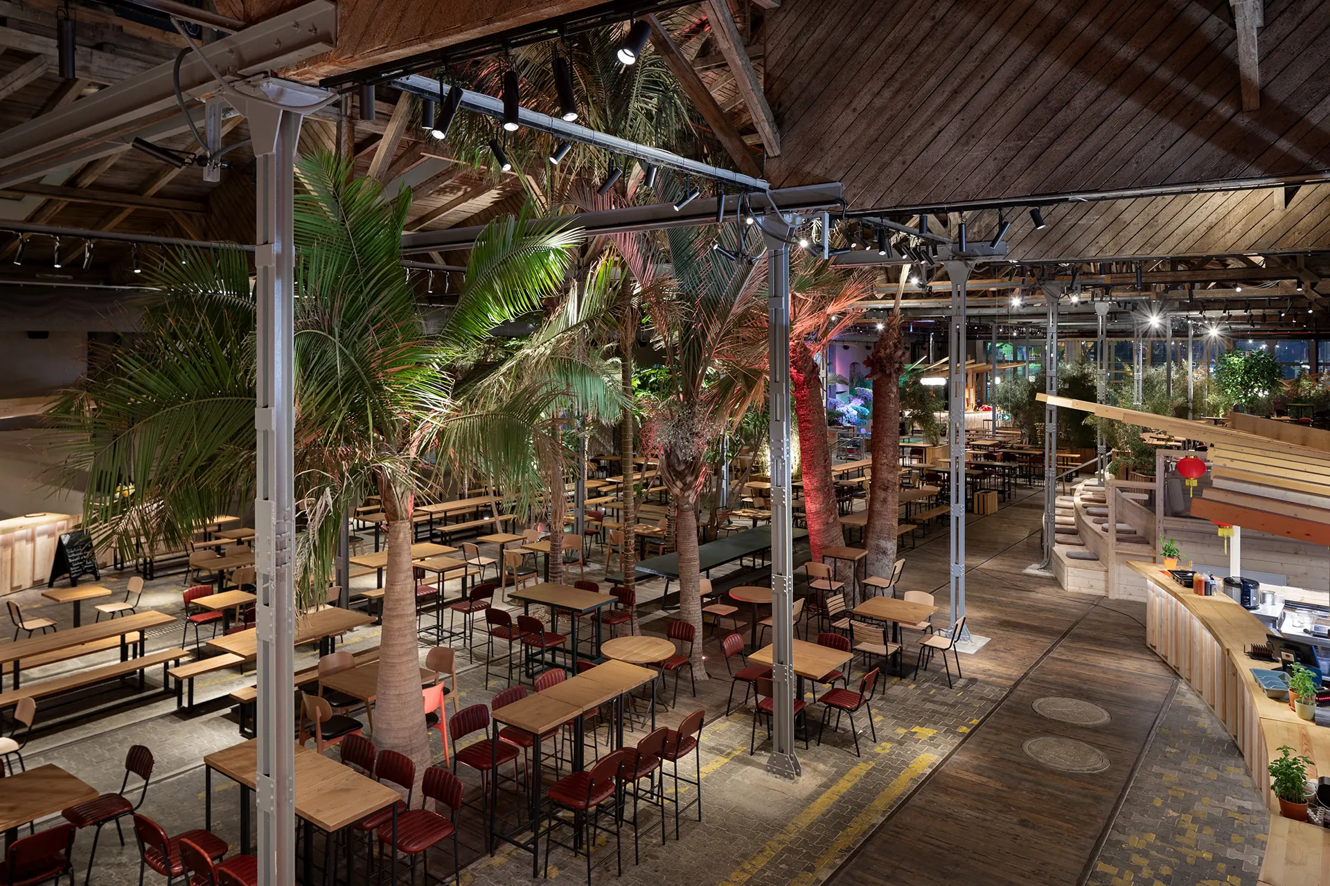 Elevated view of Gleis Garten dining room with planting, timber roof and warm lighting.