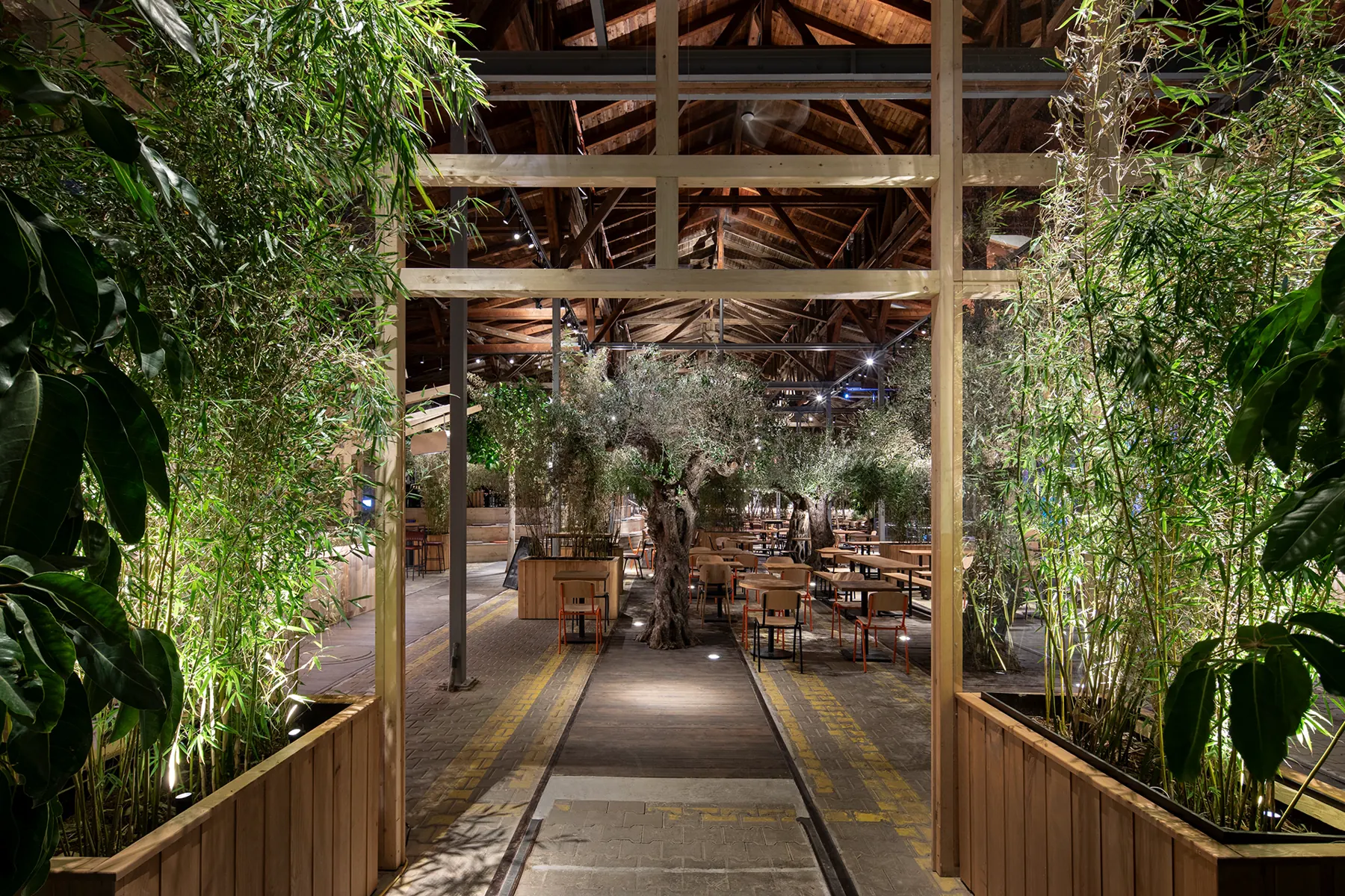 Vertical view through planted restaurant walkway and timber structure.