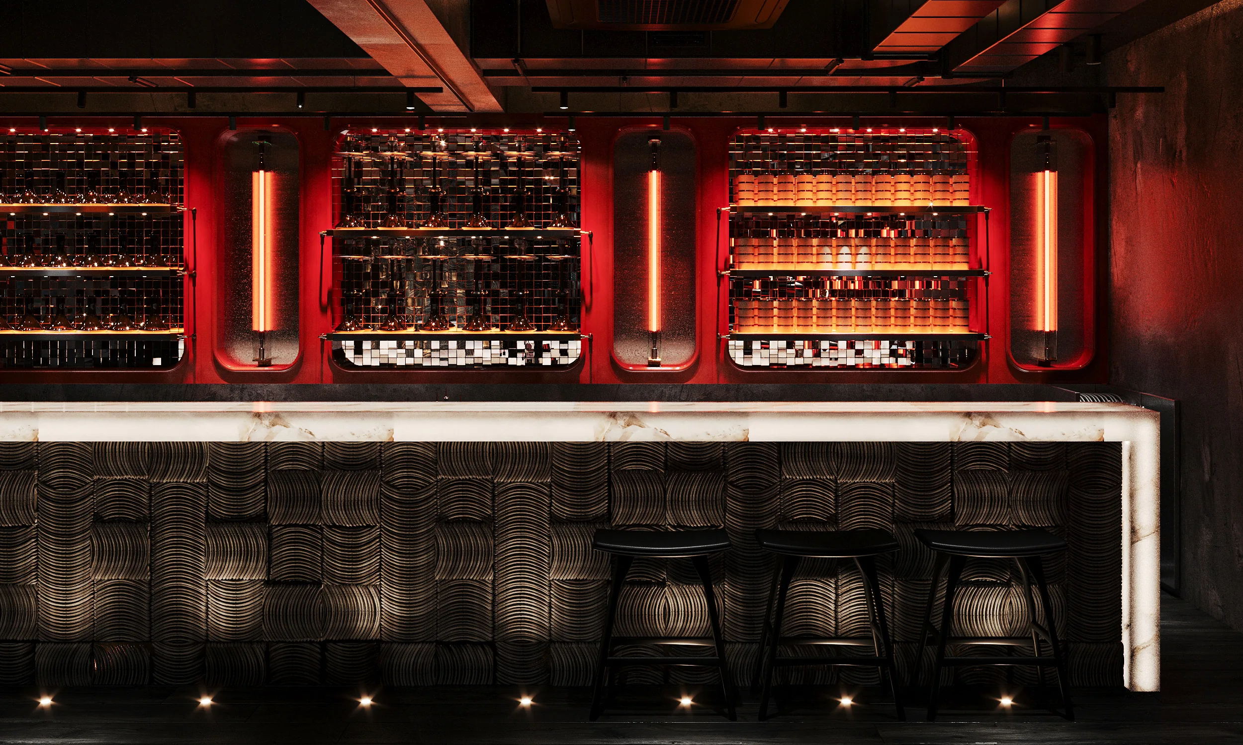 Dark restaurant interior with red timber ceiling geometry and theatrical light.