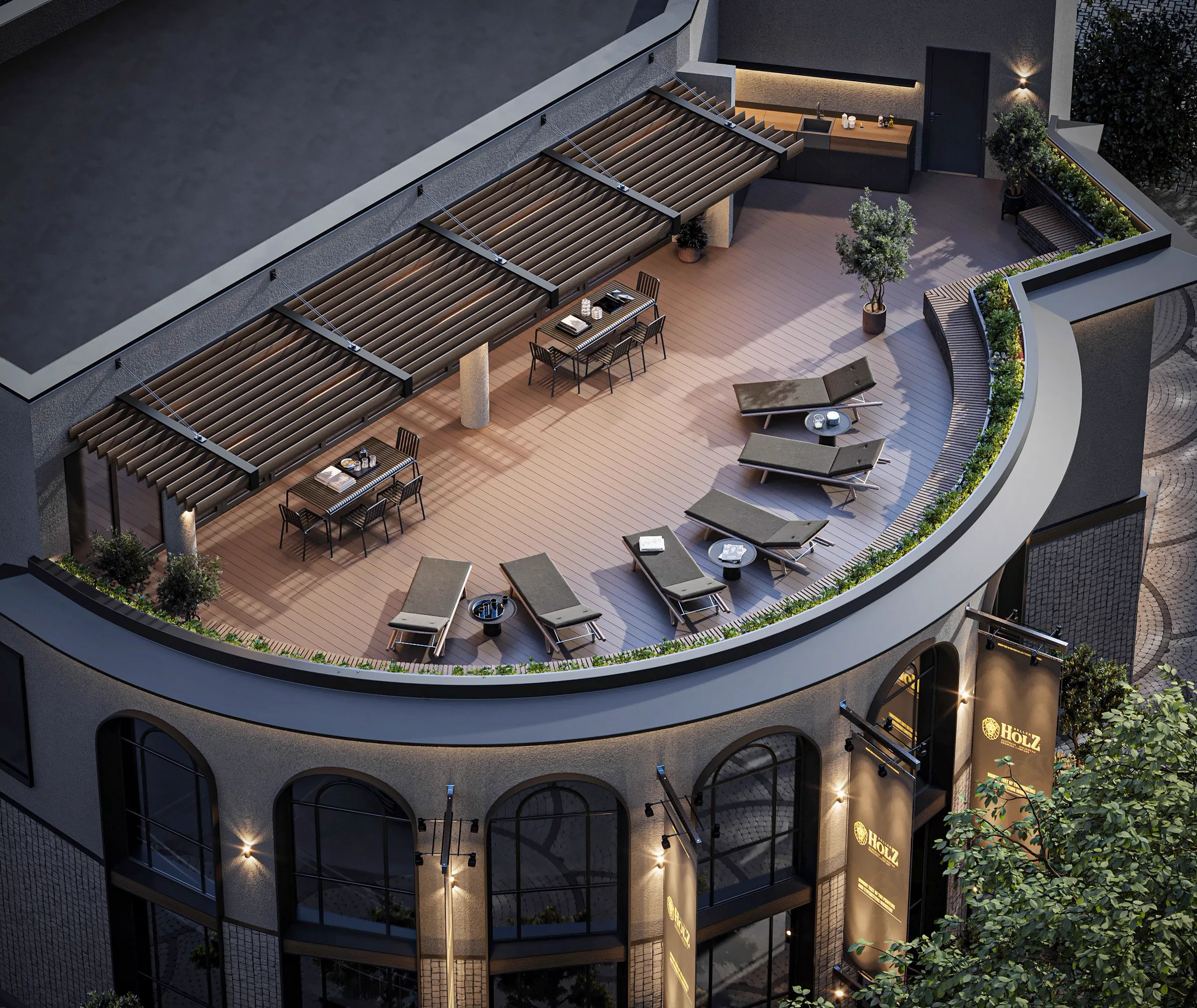 Contemporary office architecture with curved facade, arched windows and rooftop greenery.