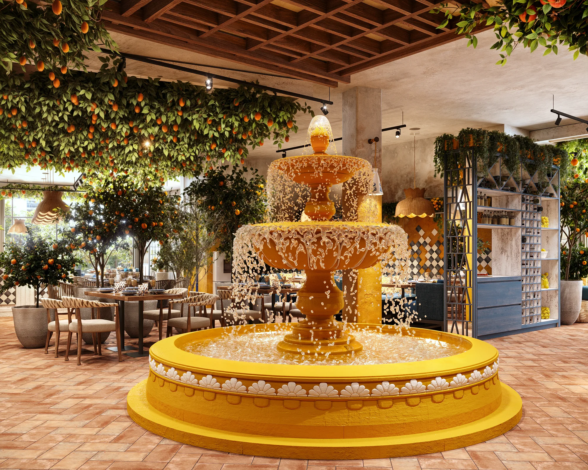 Mediterranean restaurant interior with citrus trees, terracotta floor and central fountain atmosphere.