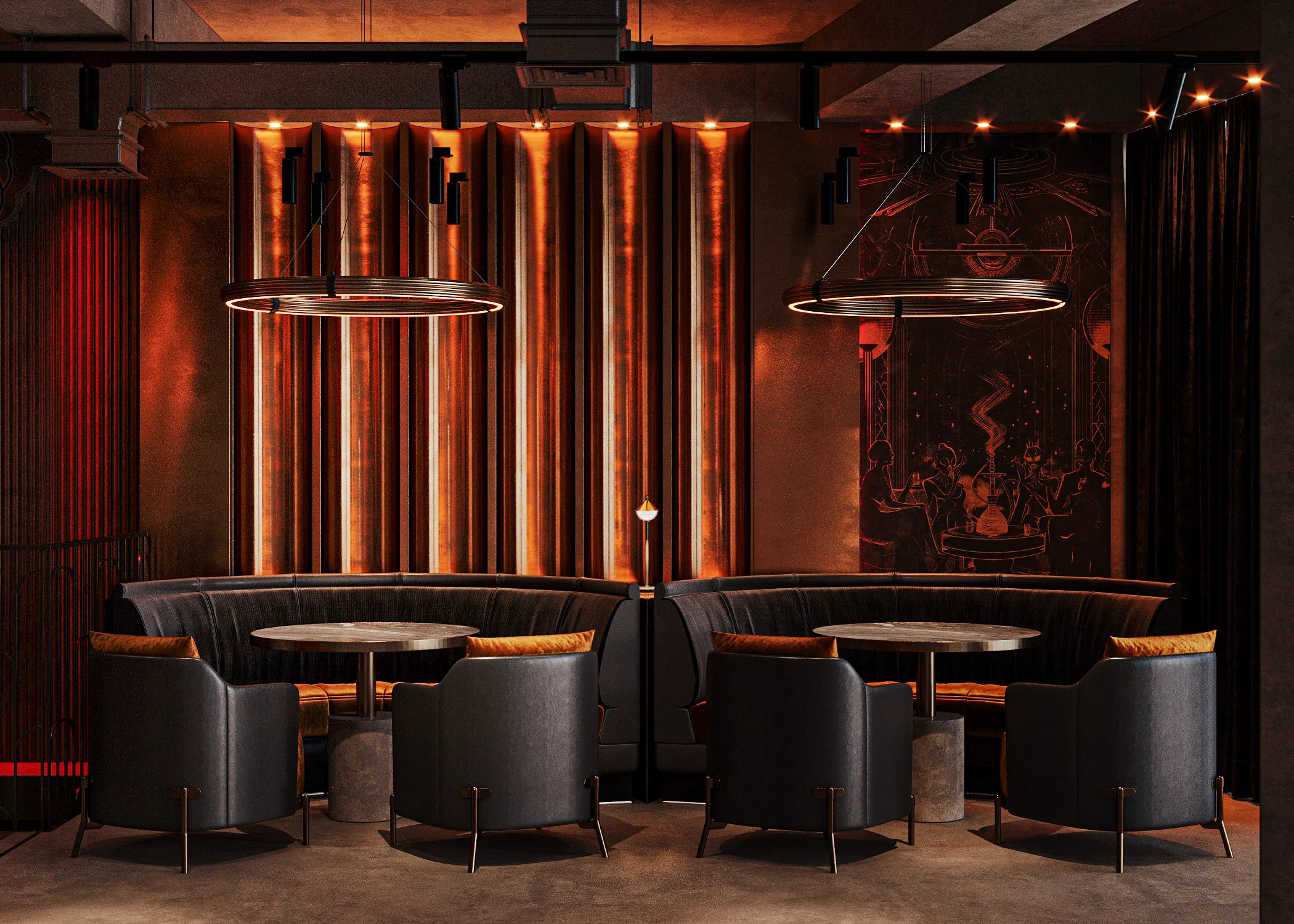 Restaurant interior with radial bar, warm metal tones and sculptural ceiling light.
