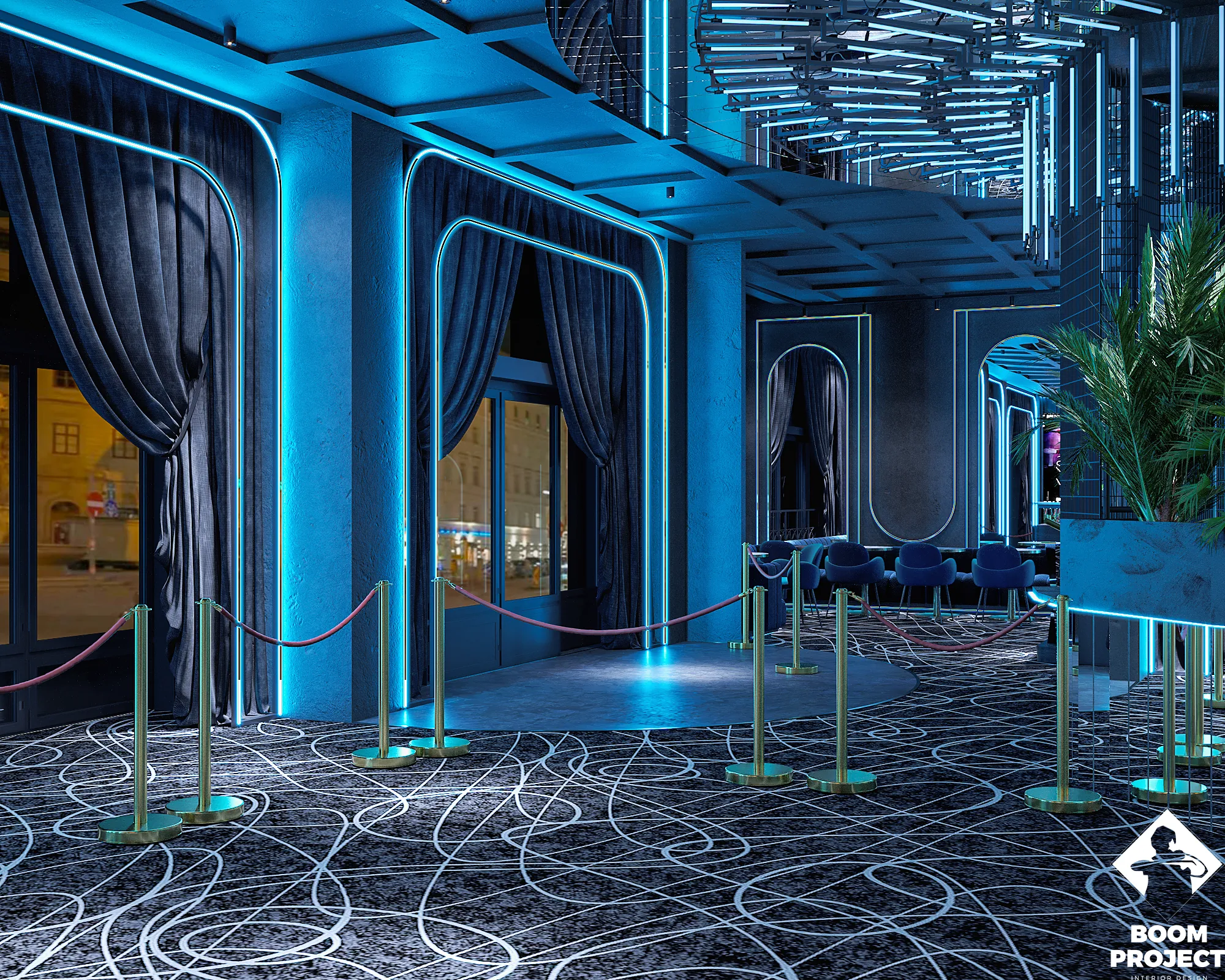 Grand Pearl cabaret restaurant entrance with neon blue lighting and velvet curtains.